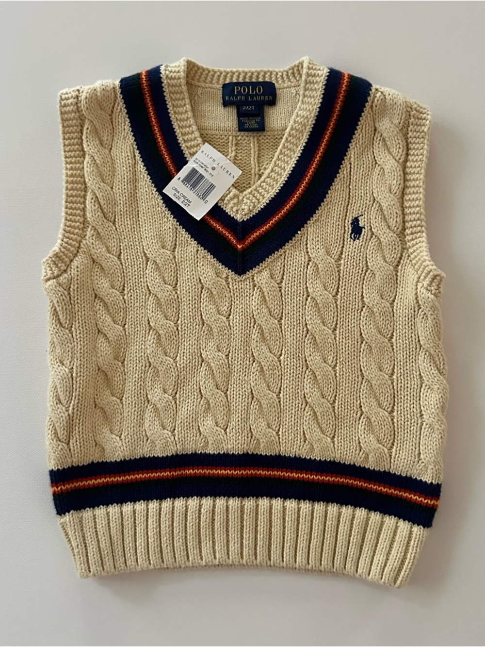 Polo Ralph Lauren 2T Toddler Boy Cream Cable-Knit Sweater Vest Navy & Red Trim